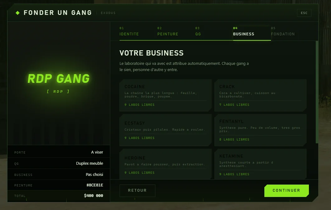 Étape Business du menu Fonder un gang : cocaïne, crack, ecstasy, fentanyl, héroïne et kétamine, chacune affichant son nombre de laboratoires libres.